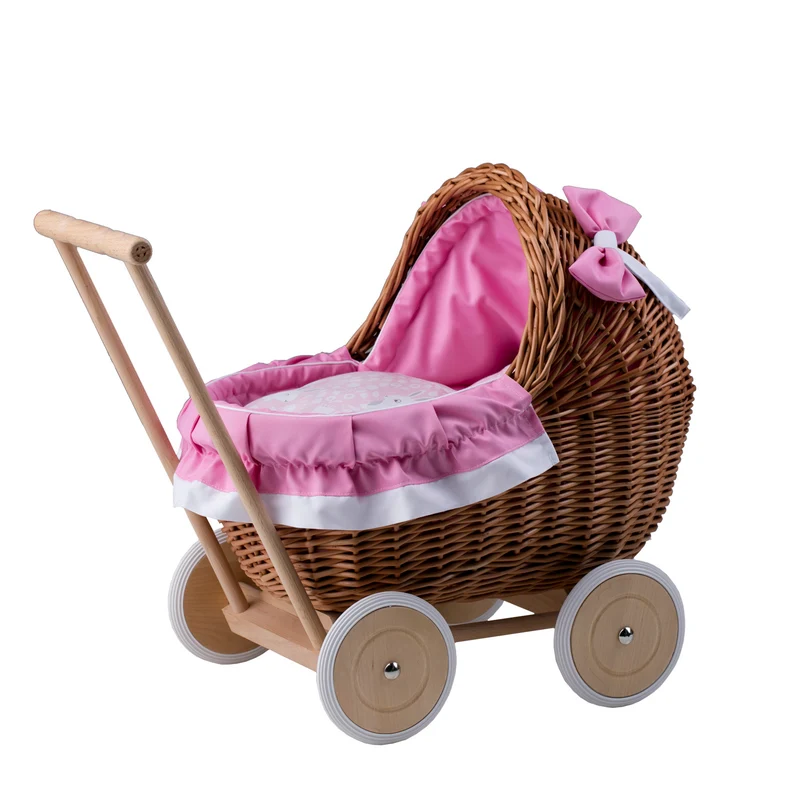 Lili wicker doll stroller with pink trim, blanket, and pillow TheWickerStories