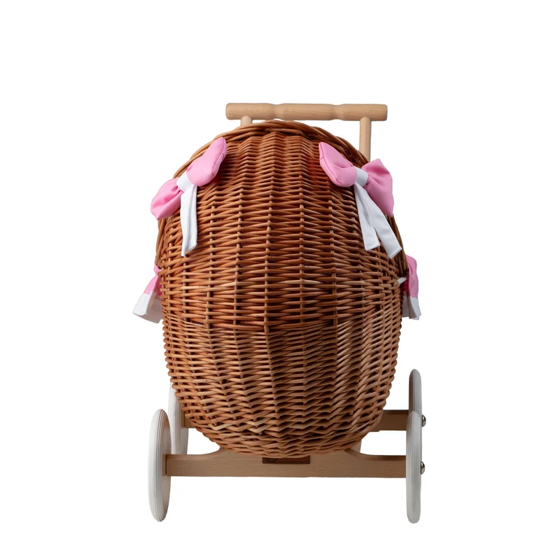 Lili wicker doll stroller with pink trim, blanket, and pillow TheWickerStories