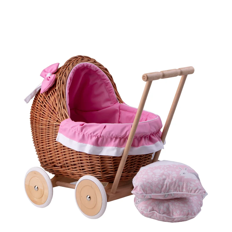Lili wicker doll stroller with pink trim, blanket, and pillow TheWickerStories