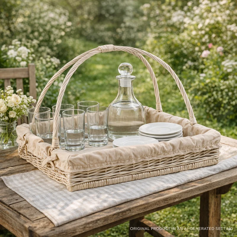 Allium wicker serving basket with beige trim, with handles TheWickerStories
