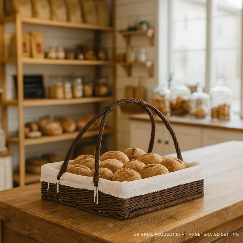 Allium wicker serving basket with beige trim and handle by TheWickerStories