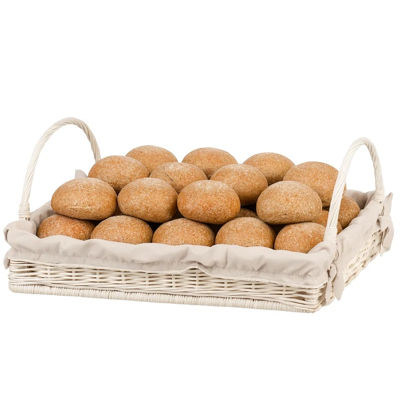 Allium wicker serving basket with beige trim and handles TheWickerStories