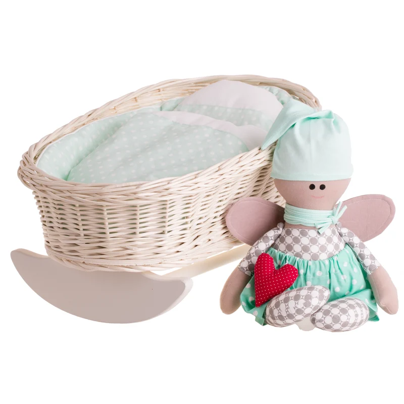 Mimi wicker cradle for dolls with mint lining, pillow and quilt TheWickerStories