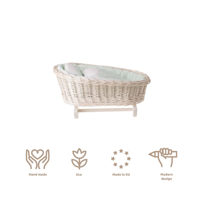 Mimi wicker cradle for dolls with mint lining, pillow and quilt TheWickerStories