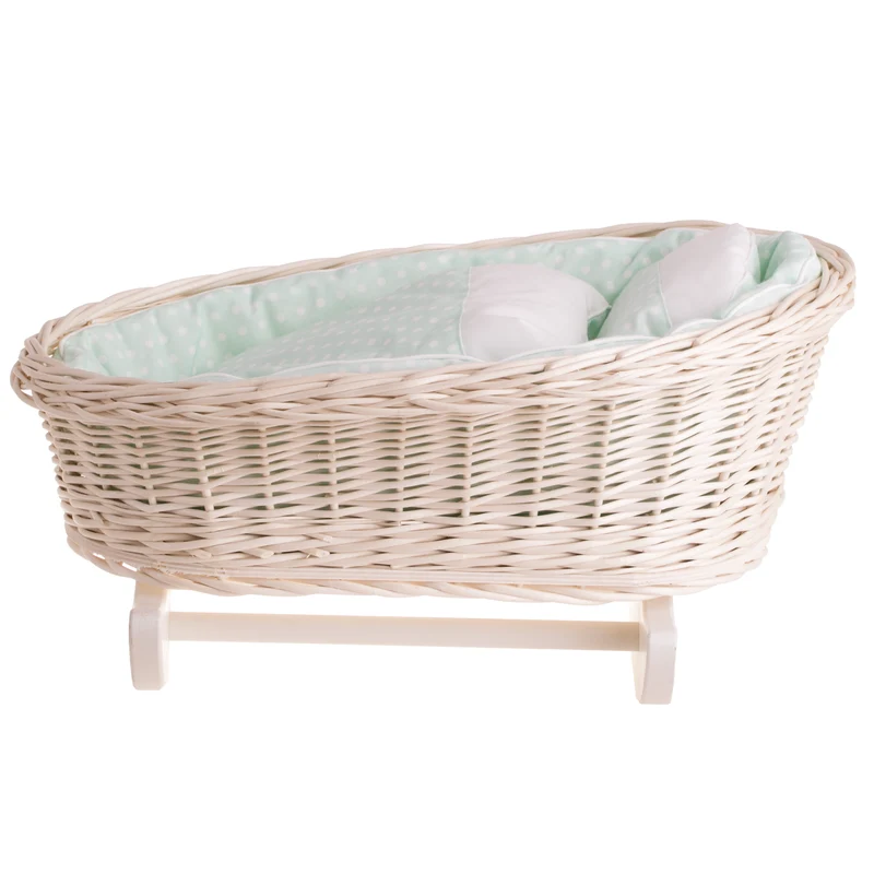 Mimi wicker cradle for dolls with mint lining, pillow and quilt TheWickerStories