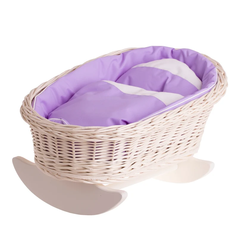 Mimi wicker cradle for dolls with purple lining, pillow and duvet TheWickerStories