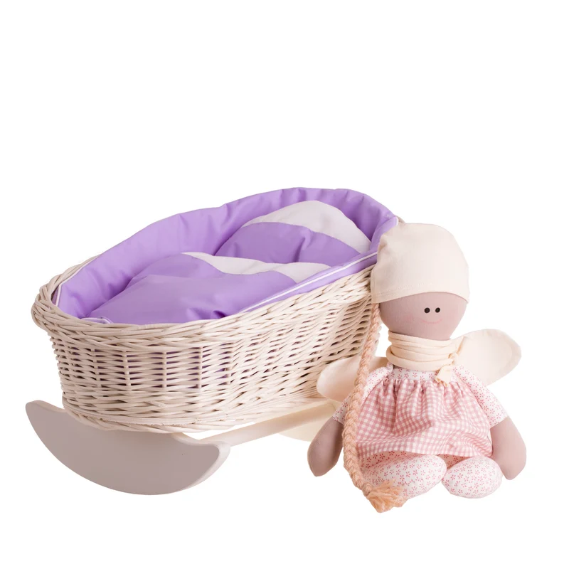 Mimi wicker cradle for dolls with purple lining, pillow and duvet TheWickerStories