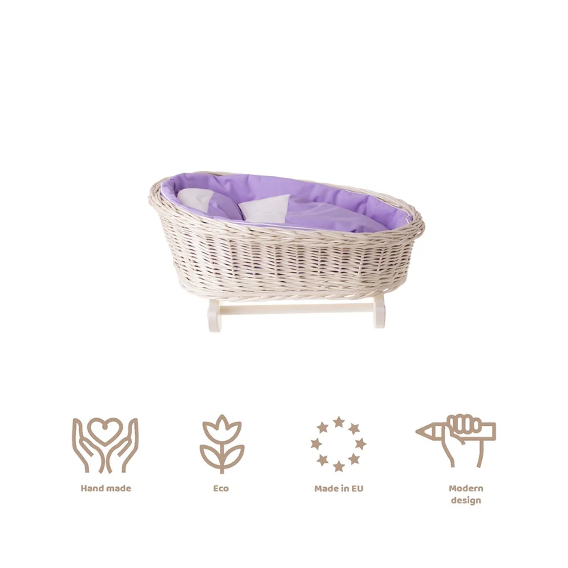 Mimi wicker cradle for dolls with purple lining, pillow and duvet TheWickerStories