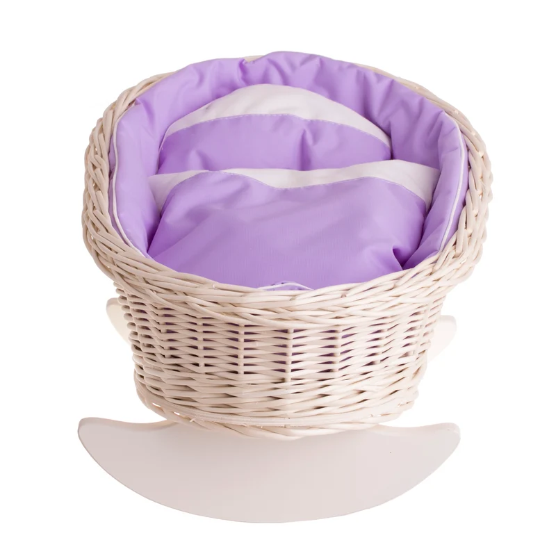 Mimi wicker cradle for dolls with purple lining, pillow and duvet TheWickerStories