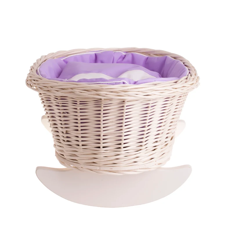 Mimi wicker cradle for dolls with purple lining, pillow and duvet TheWickerStories