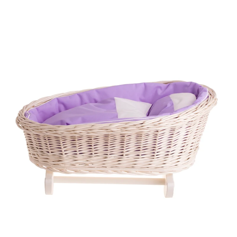 Mimi wicker cradle for dolls with purple lining, pillow and duvet TheWickerStories