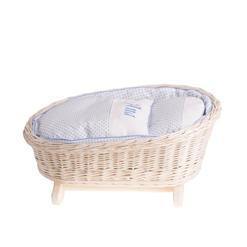 Mimi wicker cradle for dolls with personalization, blue lining, pillow and duvet TheWickerStories