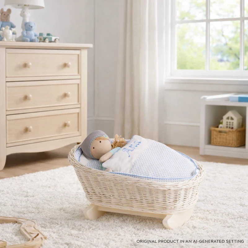 Mimi wicker cradle for dolls with personalization, blue lining, pillow and duvet TheWickerStories