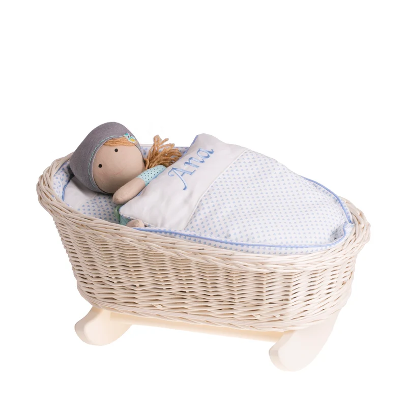 Mimi wicker cradle for dolls with personalization, blue lining, pillow and duvet TheWickerStories