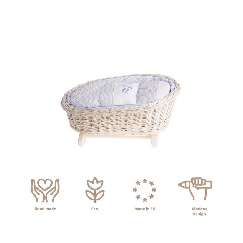 Mimi wicker cradle for dolls with personalization, blue lining, pillow and duvet TheWickerStories