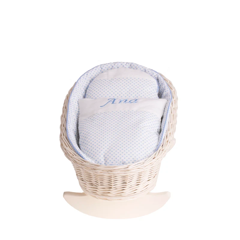 Mimi wicker cradle for dolls with personalization, blue lining, pillow and duvet TheWickerStories