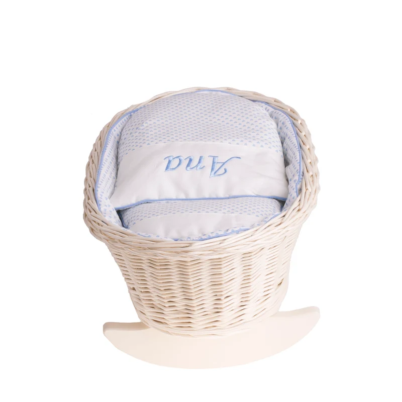Mimi wicker cradle for dolls with personalization, blue lining, pillow and duvet TheWickerStories