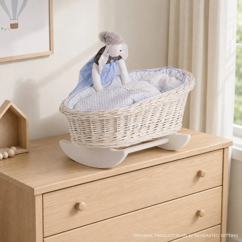 Mimi wicker doll cradle with blue trim, pillow and quilt TheWickerStories