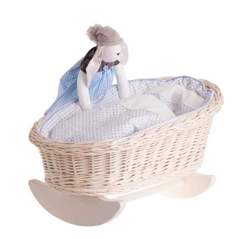 Mimi wicker doll cradle with blue trim, pillow and quilt TheWickerStories
