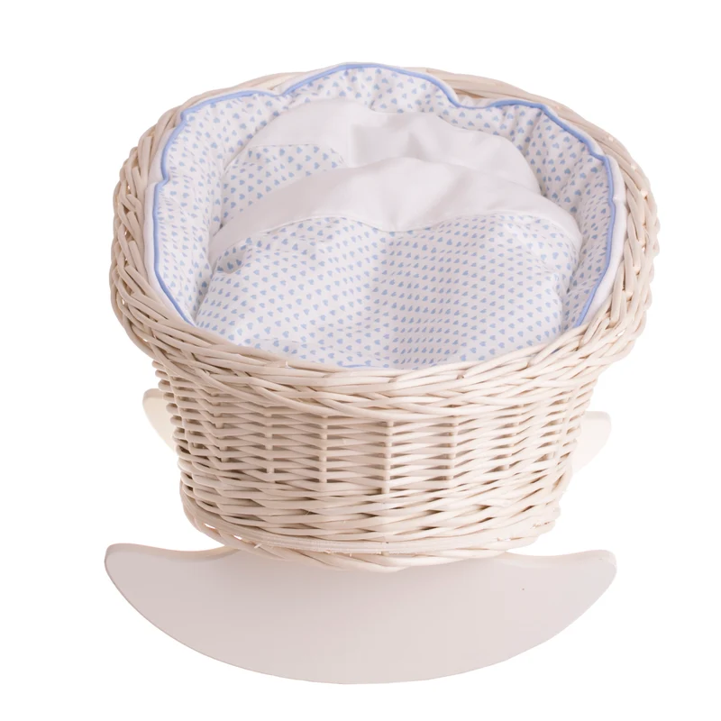 Mimi wicker doll cradle with blue trim, pillow and quilt TheWickerStories