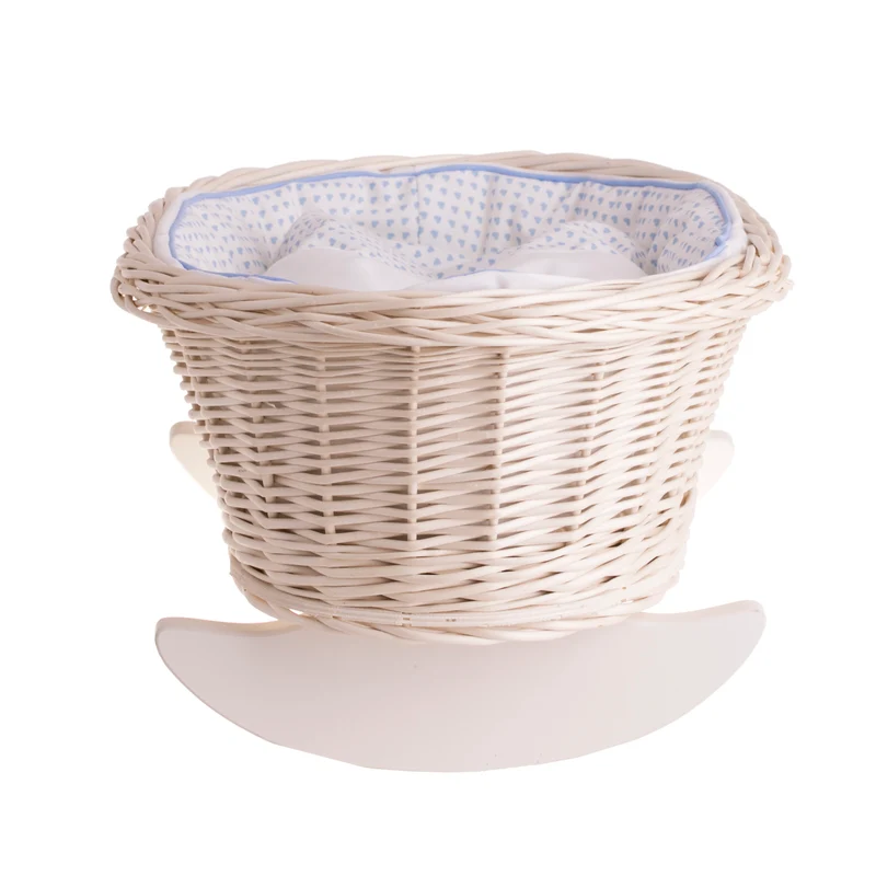 Mimi wicker doll cradle with blue trim, pillow and quilt TheWickerStories