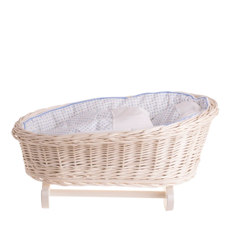Mimi wicker doll cradle with blue trim, pillow and quilt TheWickerStories