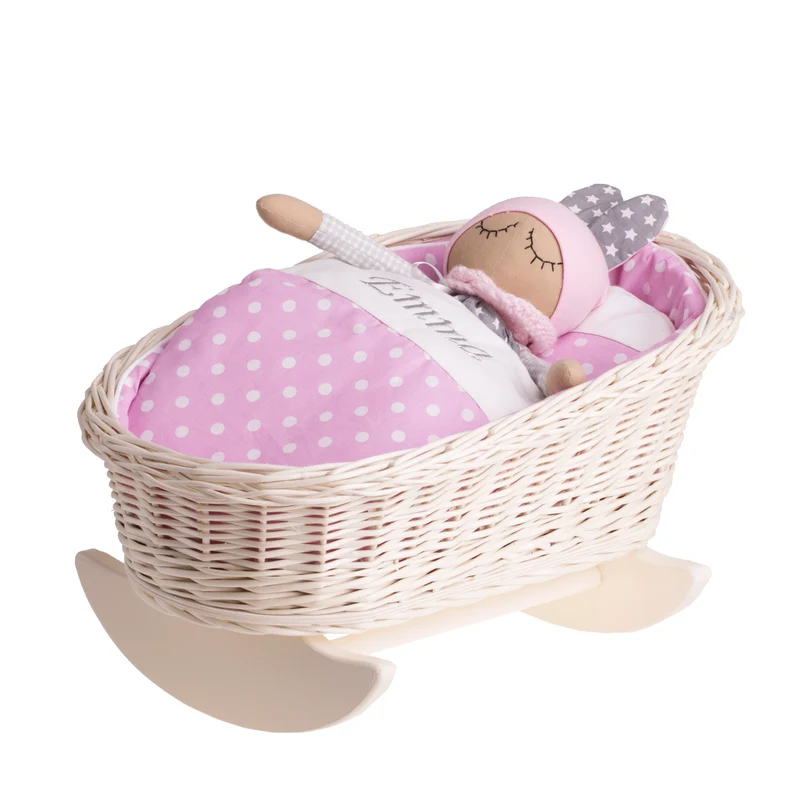 Mimi wicker cradle for dolls with personalization, pink lining, pillow and duvet TheWickerStories