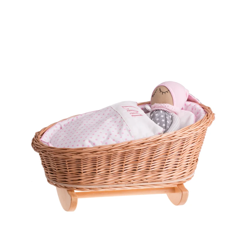 Mimi wicker cradle for dolls with personalization, pink lining, pillow and duvet TheWickerStories