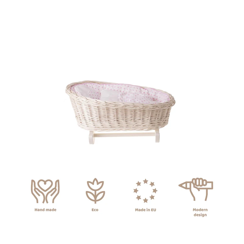 Mimi wicker cradle for dolls with personalization, pink lining, pillow and duvet TheWickerStories