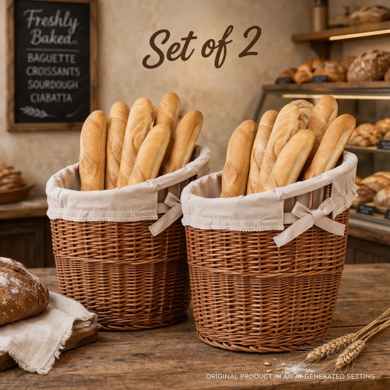 Bassa set of 2 wicker baguette baskets with beige lining TheWickerStories