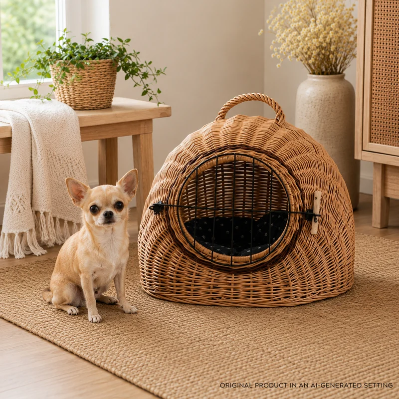 Tactus wicker cat house with cushion, wicker kennel, lockable pet carrier cage TheWickerStories