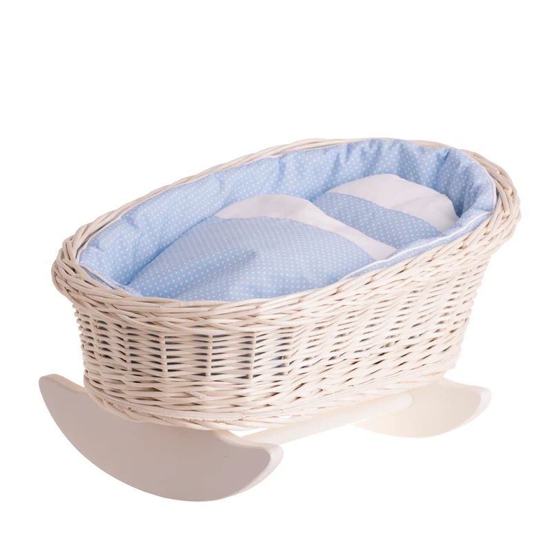 Mimi wicker cradle for dolls with blue lining, pillow and duvet TheWickerStories