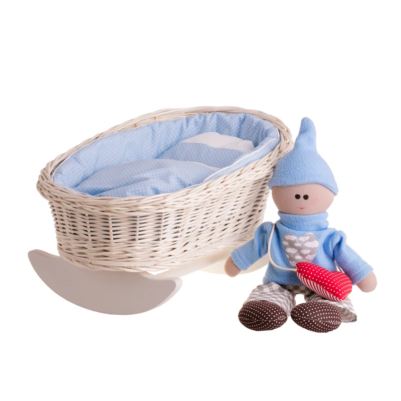 Mimi wicker cradle for dolls with blue lining, pillow and duvet TheWickerStories