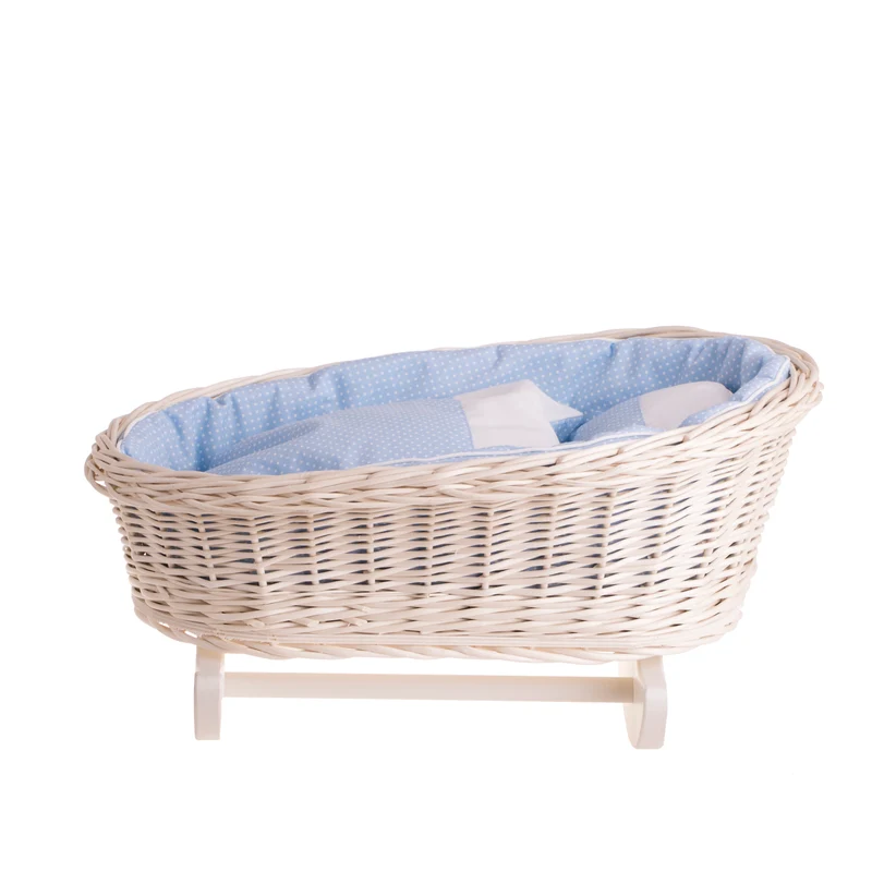 Mimi wicker cradle for dolls with blue lining, pillow and duvet TheWickerStories
