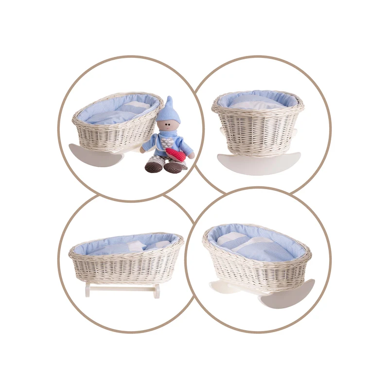 Mimi wicker cradle for dolls with blue lining, pillow and duvet TheWickerStories