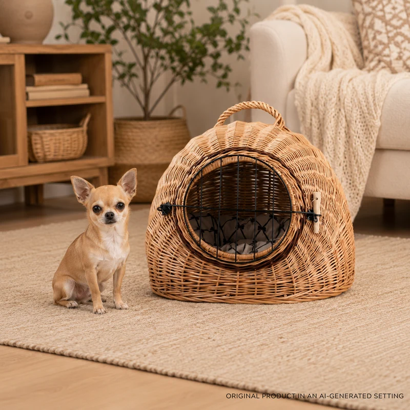 Tactus wicker cat house with cushion, wicker pet house, lockable pet carrier TheWickerStories