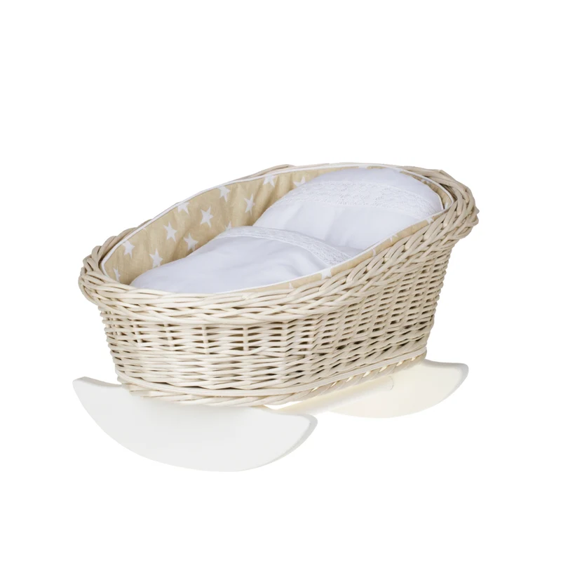 Mimi wicker cradle for dolls with beige lining, pillow and quilt TheWickerStories