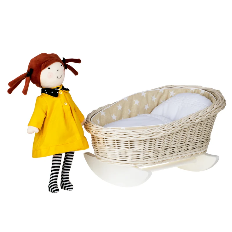 Mimi wicker cradle for dolls with beige lining, pillow and quilt TheWickerStories
