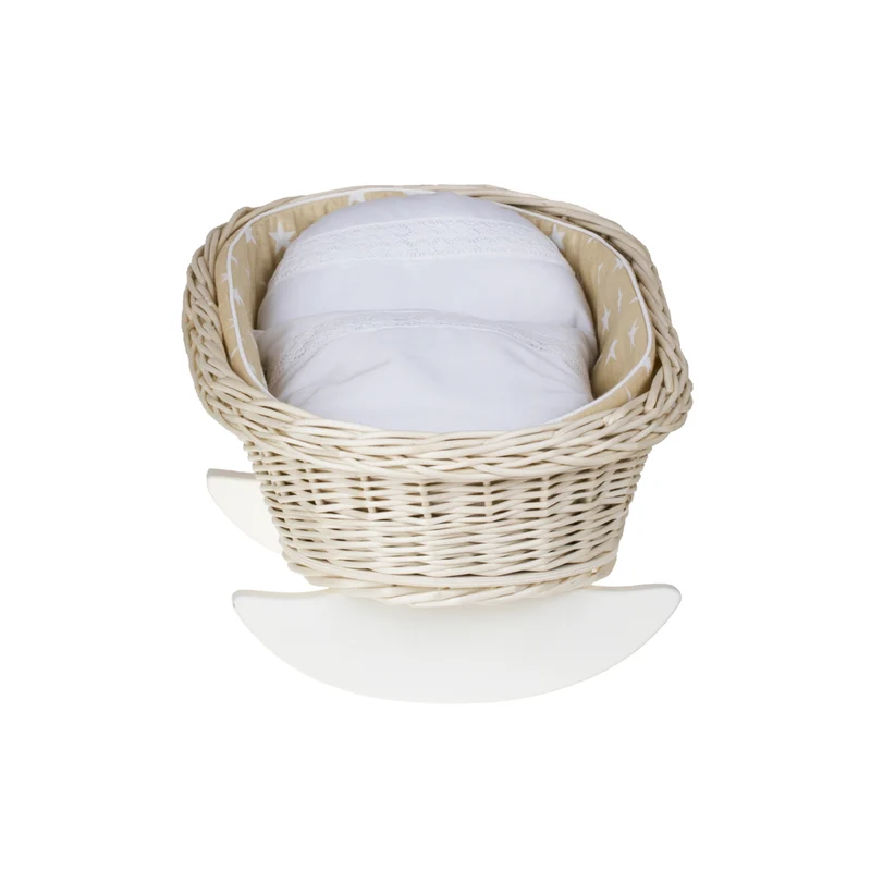 Mimi wicker cradle for dolls with beige lining, pillow and quilt TheWickerStories