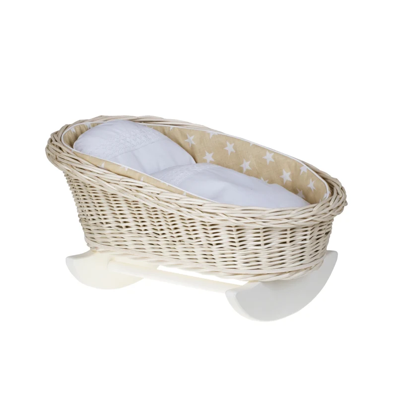 Mimi wicker cradle for dolls with beige lining, pillow and quilt TheWickerStories