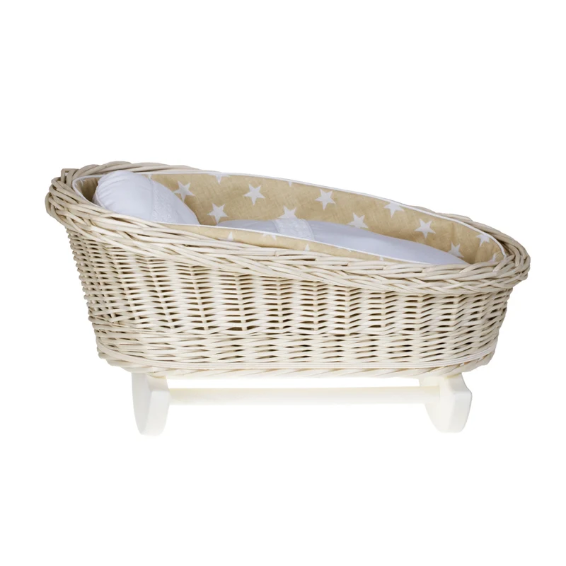Mimi wicker cradle for dolls with beige lining, pillow and quilt TheWickerStories