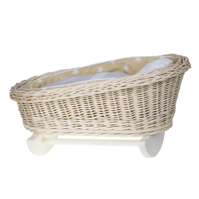 Mimi wicker cradle for dolls with beige lining, pillow and quilt TheWickerStories
