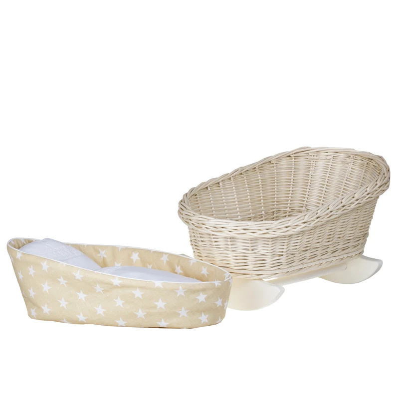 Mimi wicker cradle for dolls with beige lining, pillow and quilt TheWickerStories