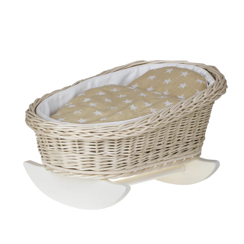 Mimi wicker cradle for dolls with white lining, pillow and quilt TheWickerStories
