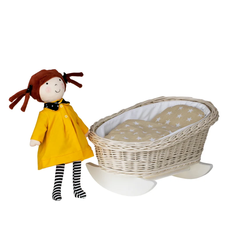 Mimi wicker cradle for dolls with white lining, pillow and quilt TheWickerStories