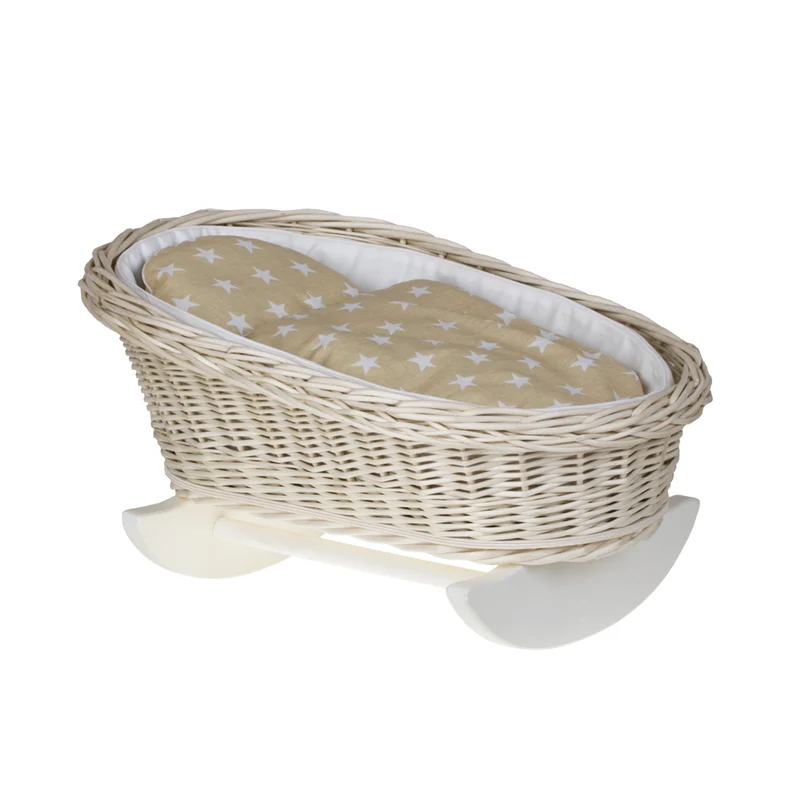 Mimi wicker cradle for dolls with white lining, pillow and quilt TheWickerStories