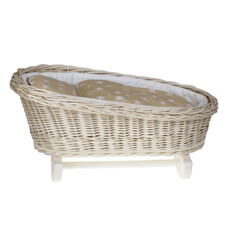 Mimi wicker cradle for dolls with white lining, pillow and quilt TheWickerStories