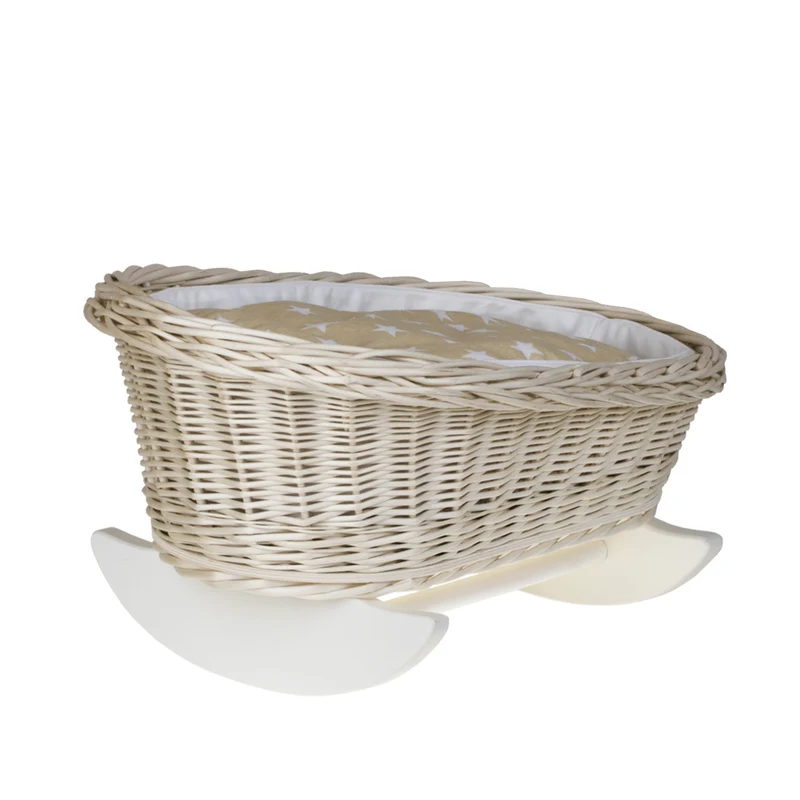 Mimi wicker cradle for dolls with white lining, pillow and quilt TheWickerStories