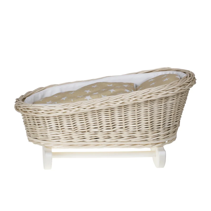 Mimi wicker cradle for dolls with white lining, pillow and quilt TheWickerStories