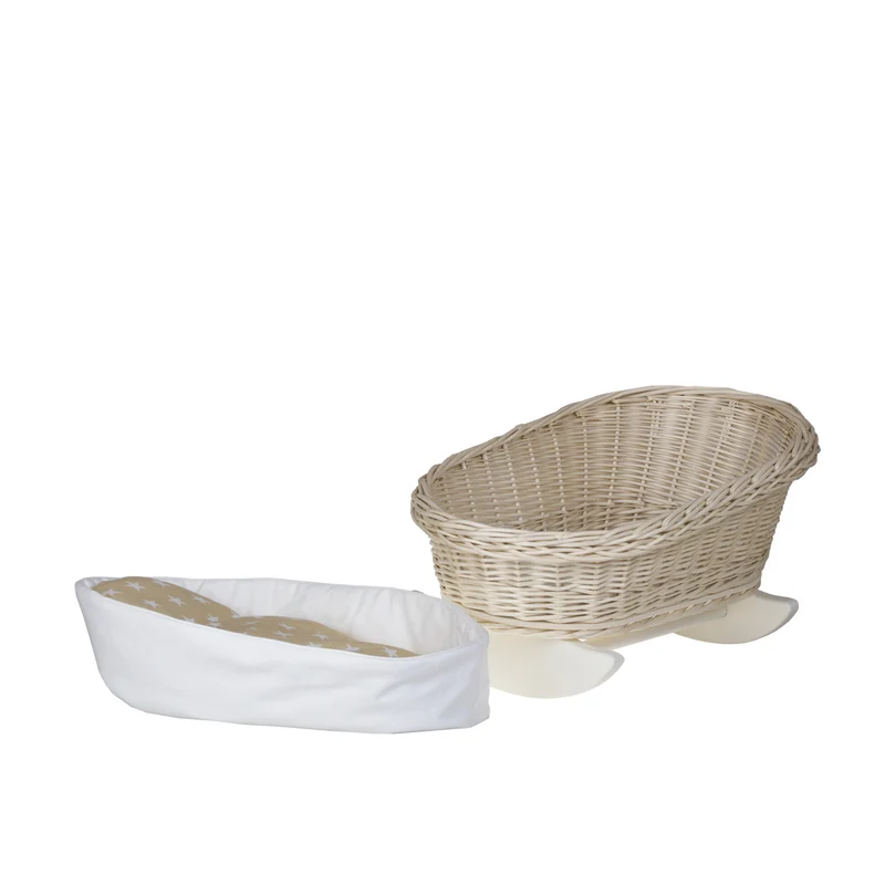 Mimi wicker cradle for dolls with white lining, pillow and quilt TheWickerStories